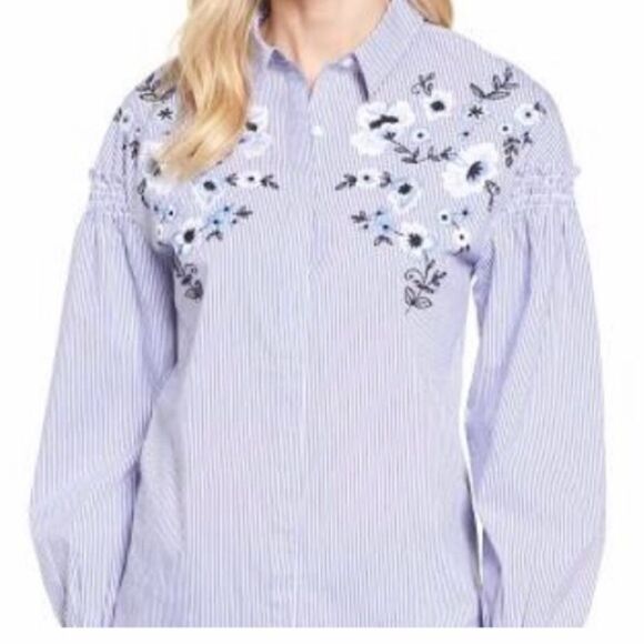 Halogen Blue White Striped Embroidered Shirt Sz XS - Picture 3 of 9